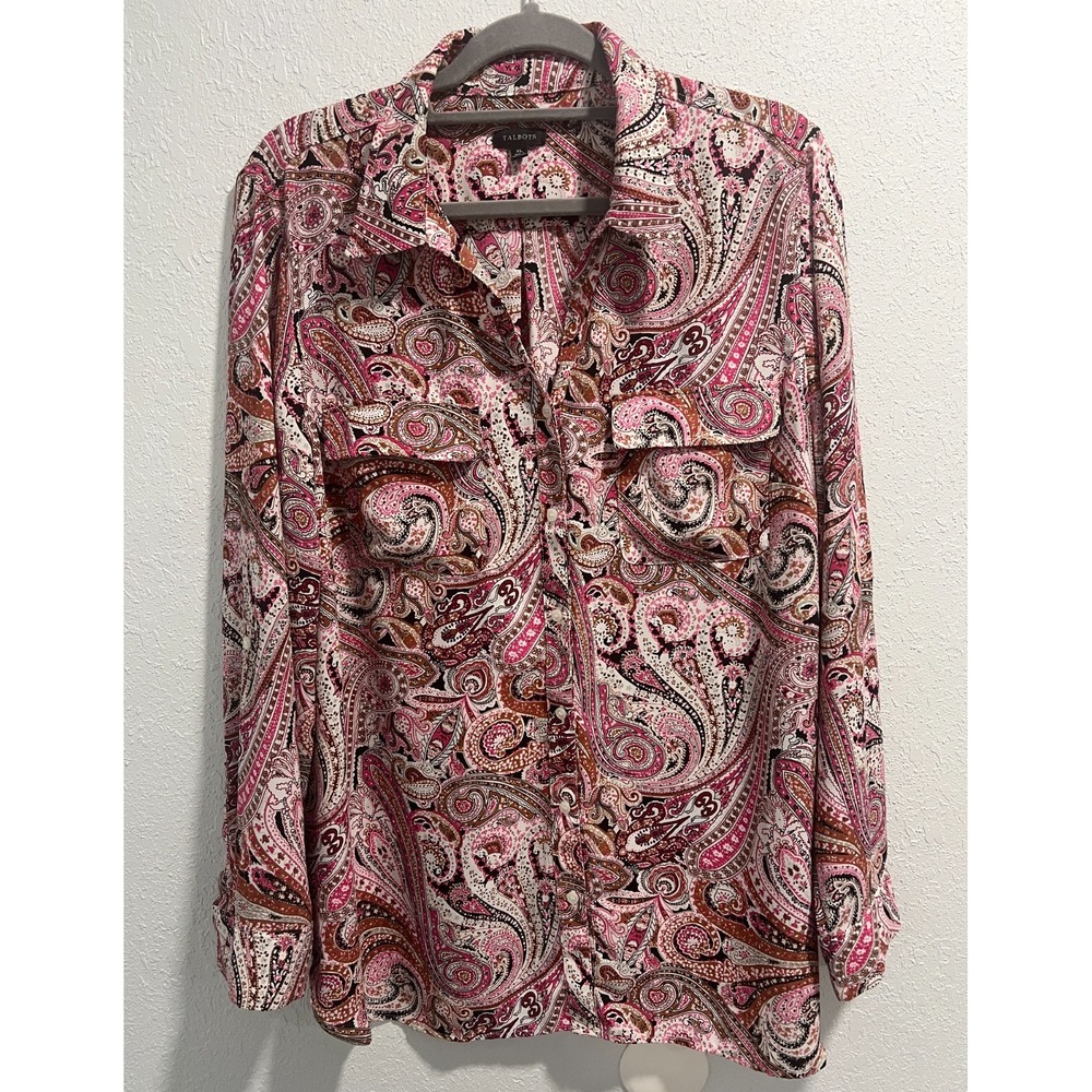 Talbots Womens Blouse Pink‎ Mulitcolor Paisley Button Up Long Sleeve Size XL